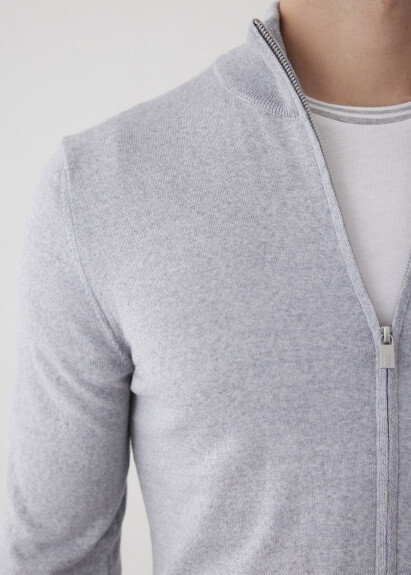 Gray Stand up Neck Zip-Up Knit Cardigan - 2