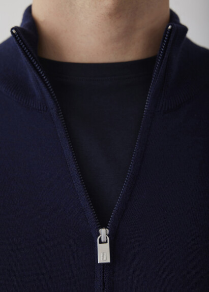 Navy Blue Stan_up Collar Neck Zip-Up Knit Cardigan - 2