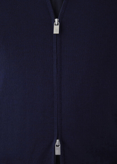 Navy Blue Stan_up Collar Neck Zip-Up Knit Cardigan - 4