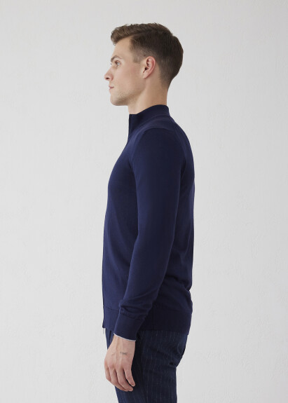 Navy Blue Stan_up Collar Neck Zip-Up Knit Cardigan - 5