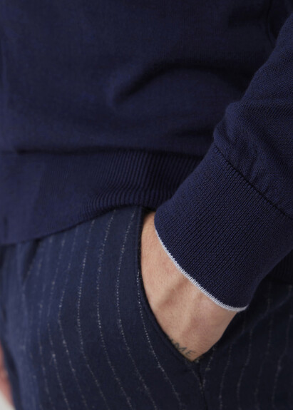 Navy Blue Stan_up Collar Neck Zip-Up Knit Cardigan - 6