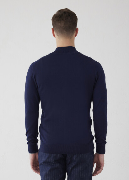 Navy Blue Stan_up Collar Neck Zip-Up Knit Cardigan - 7