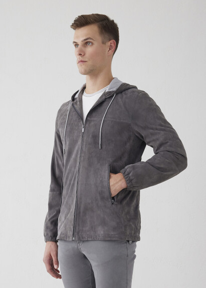 Anthracite Color Hooded Suede Jacket - 2