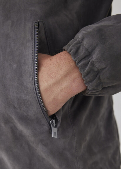 Anthracite Color Hooded Suede Jacket - 3