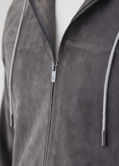 Anthracite Color Hooded Suede Jacket - 5
