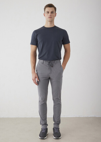 Gray Elastic Waist Corded Chino Pants 