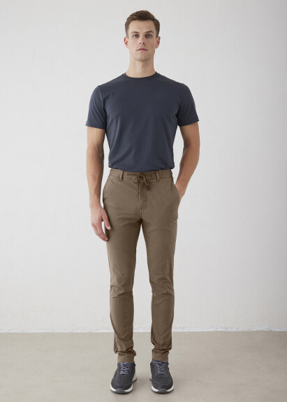 Beige Elastic Waist Drawstring Chino Pants 