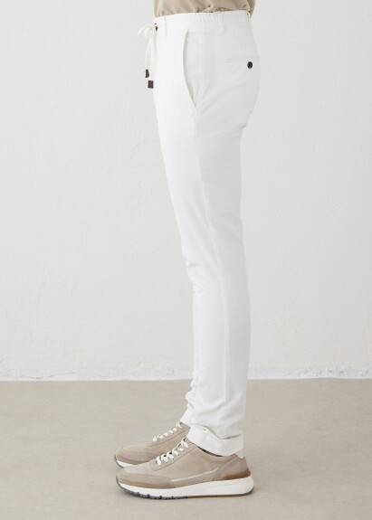 Off-White Color Elastic Waist Drawcord Chino Pants - 3