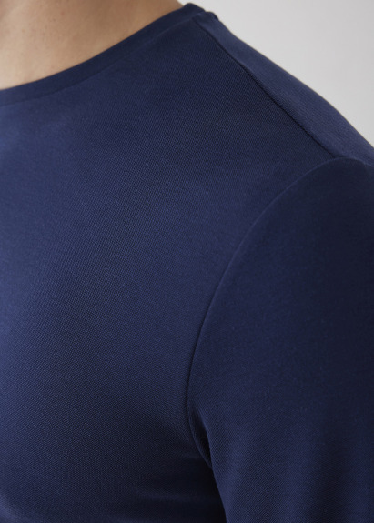 Navy Blue Color Crew Neck Long Sleeve T-Shirt - 4