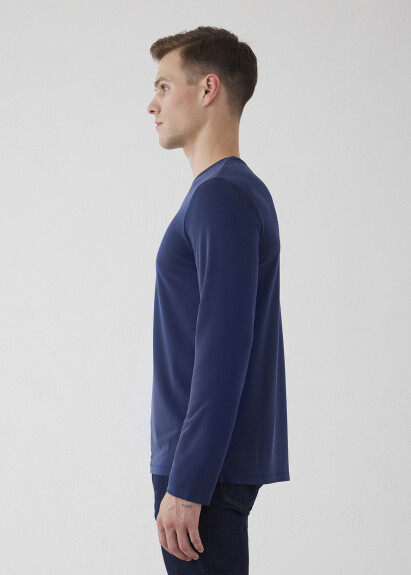Navy Blue Color Crew Neck Long Sleeve T-Shirt - 5