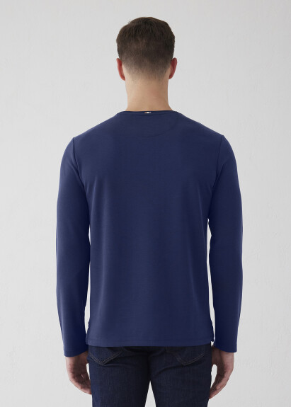 Navy Blue Color Crew Neck Long Sleeve T-Shirt - 9