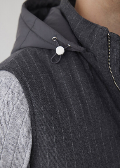 Anthracite Color Striped Detachable Hooded Vest - 2