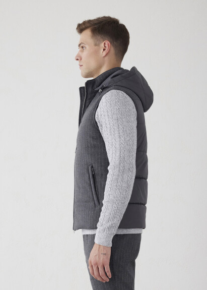Anthracite Color Striped Detachable Hooded Vest - 4