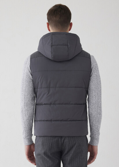 Anthracite Color Striped Detachable Hooded Vest - 6