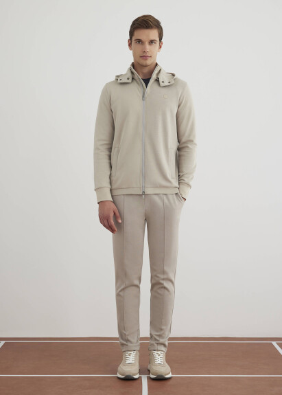 Stone Color Stand-Up Collar Hoodie Sweatshirt with Logo Print - Boris Becker