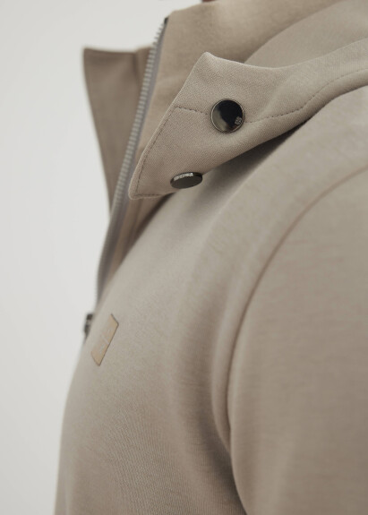 Stone Color Stand-Up Collar Hoodie Sweatshirt with Logo Print - 4