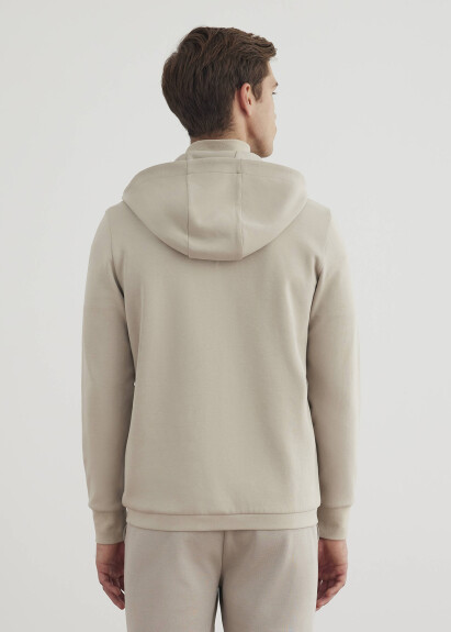 Stone Color Stand-Up Collar Hoodie Sweatshirt with Logo Print - 5