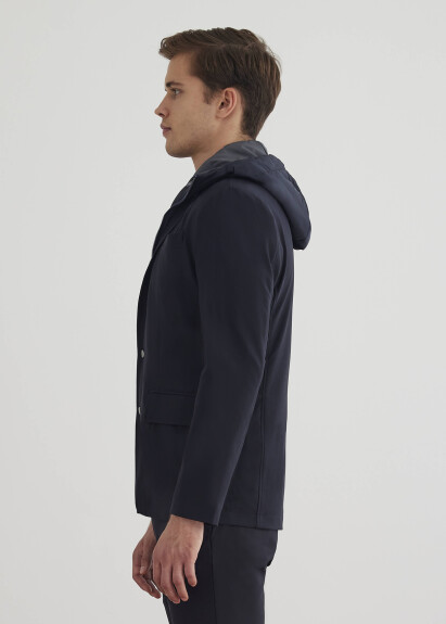 Navy Color Hooded Removable Fur-Lined Jacket - 4