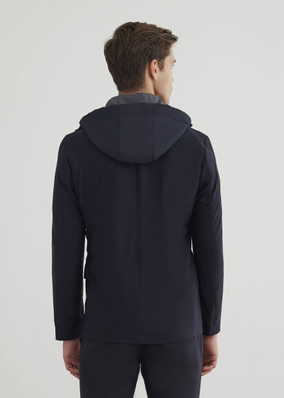 Navy Color Hooded Removable Fur-Lined Jacket - 6