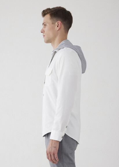 Off-White Color Hooded Velvet Shirt - 5