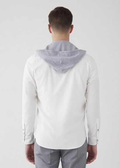 Off-White Color Hooded Velvet Shirt - 6