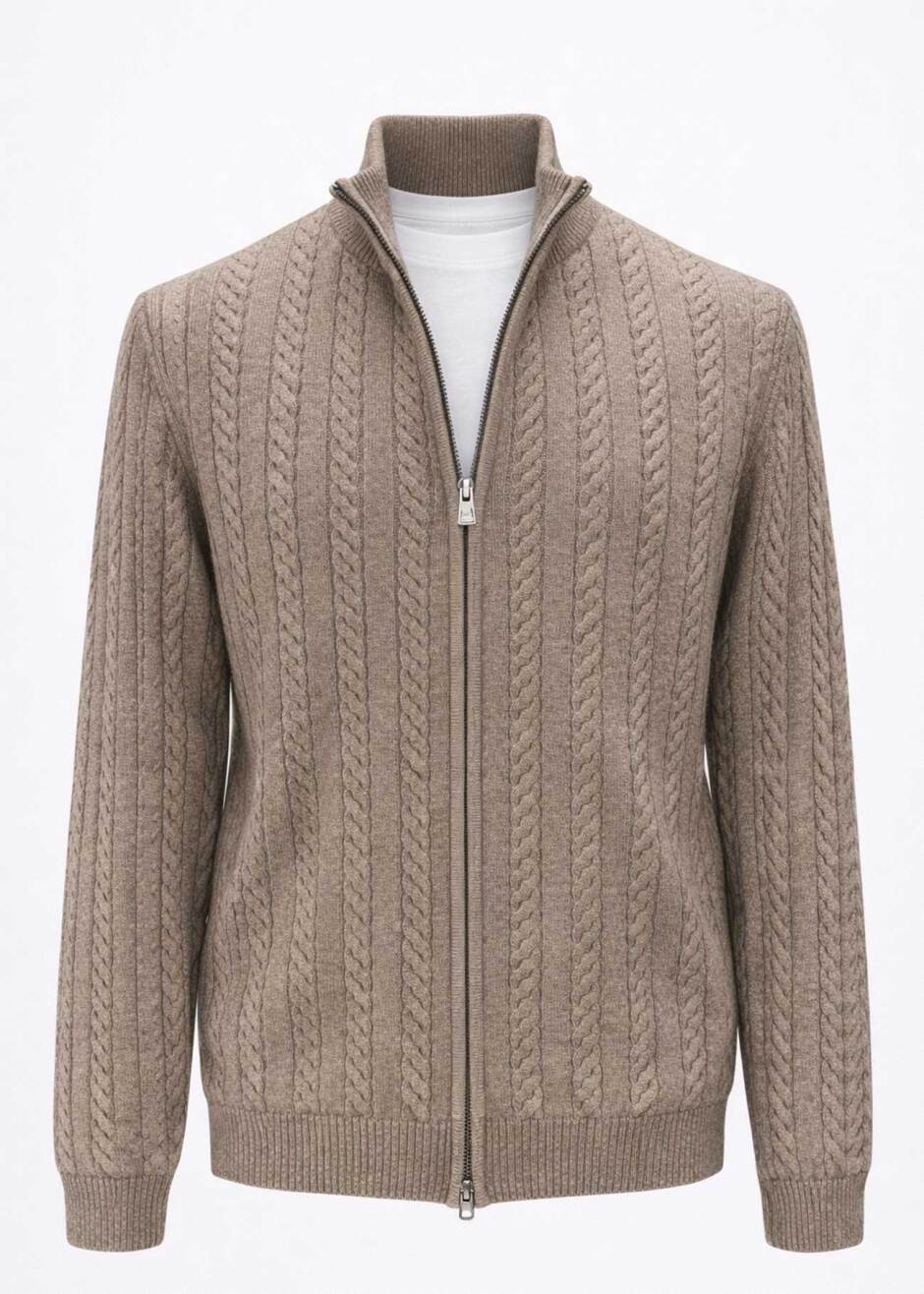 Brown Color Stand-Up Collar Cashmere Cardigan - Boris Becker