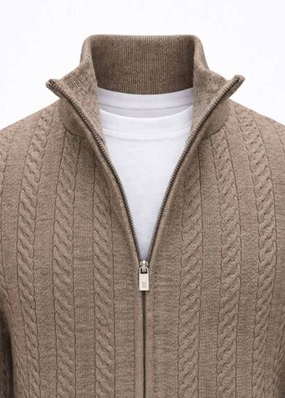 Brown Color Stand-Up Collar Cashmere Cardigan - 3