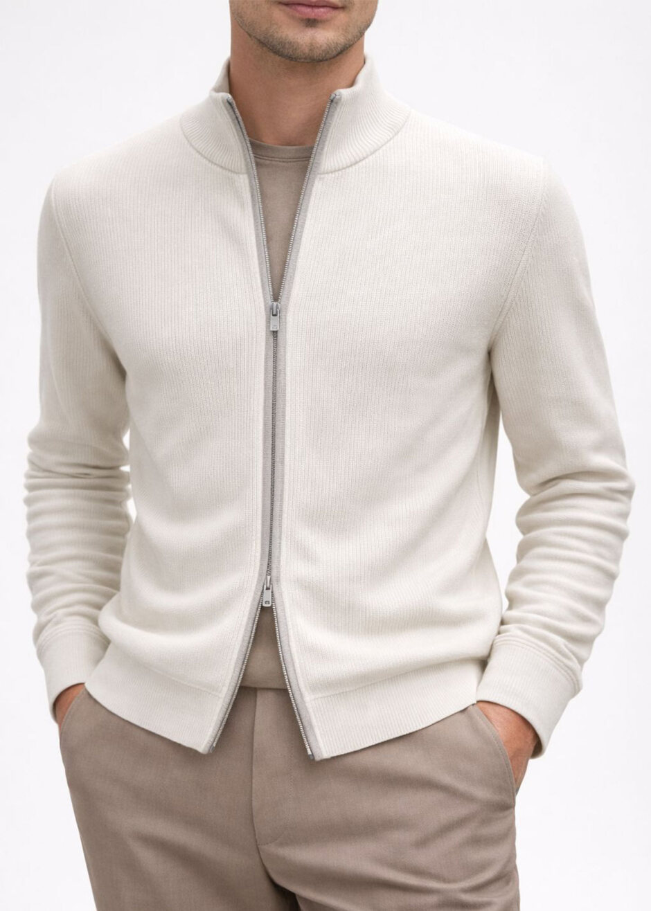 Off-White Stand Collar Zip-Up Cashmere Cardigan - Boris Becker
