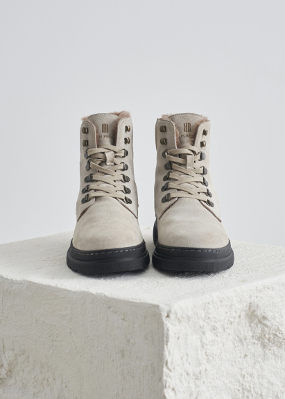 Stone Colored Fur-Detailed Suede Boot