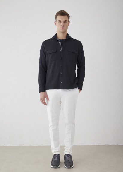 Antrasit Renk Çizgi Desenli Yün Karışımlı Gömlek - 2