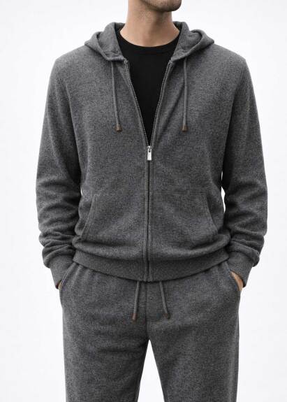 Antrasit Renk Kapüşonlu, Ayarlanabilir Kordonlu Triko Hırka - Boris Becker