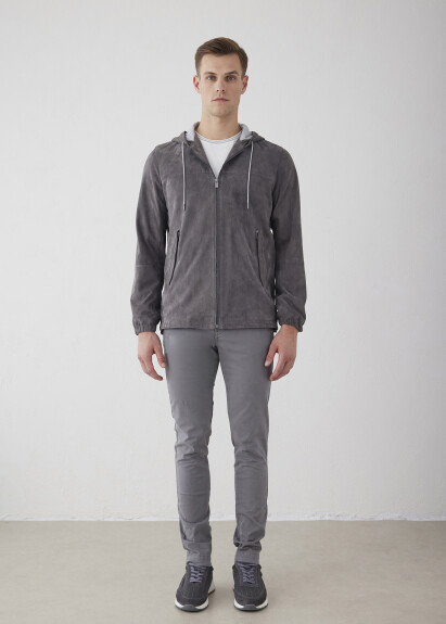 Antrasit Renk Kapüşonlu Süet Mont - Boris Becker