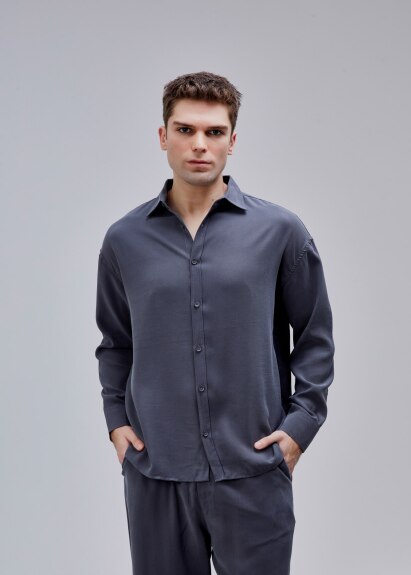 Antrasi̇t Renk Oversize Tensel Gömlek 