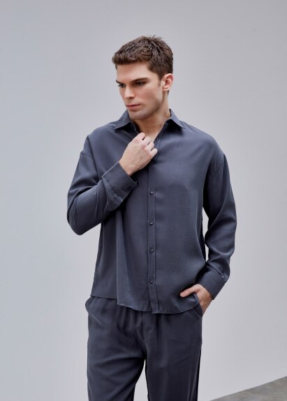 Antrasi̇t Renk Oversize Tensel Gömlek - 2