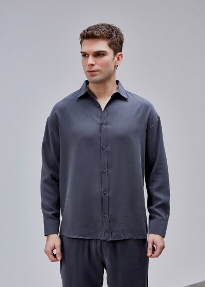 Antrasi̇t Renk Oversize Tensel Gömlek - 5