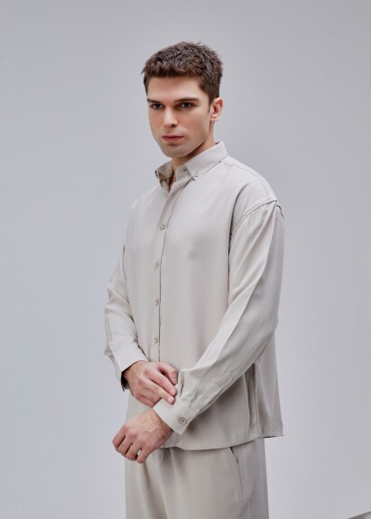 Bej Renk Oversize Tensel Gömlek - 2