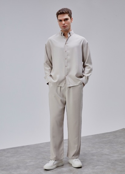 Bej Renk Oversize Tensel Gömlek - 4