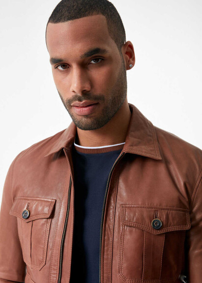 Kahve Renk Deri Mont - 3