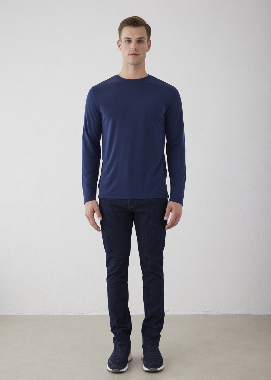 Lacivert Renk Bisiklet Yaka Uzun Kollu Tshirt - Boris Becker