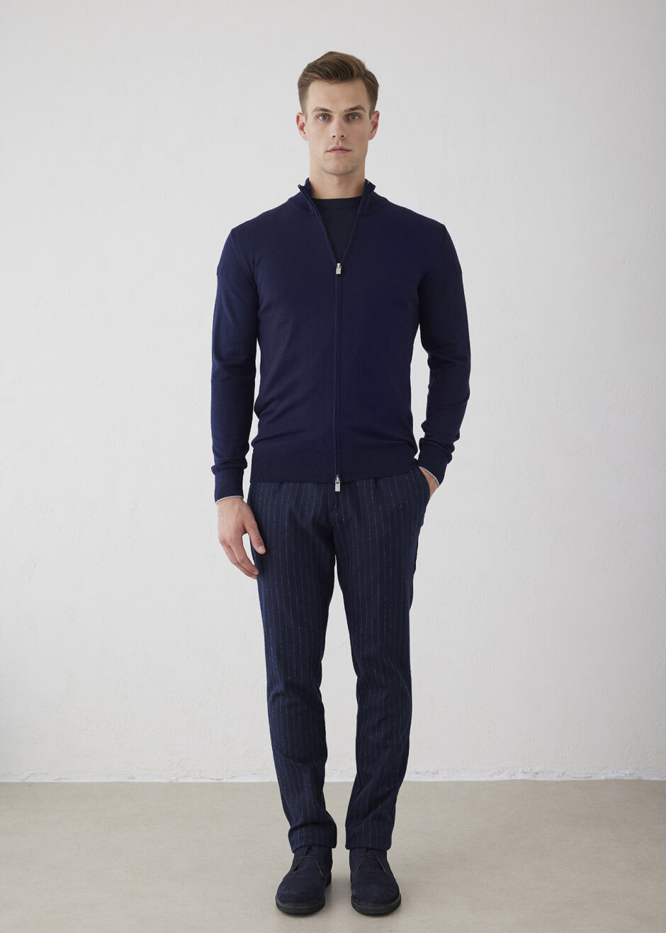 Lacivert Renk Dik Yaka Fermuarlı Triko Hırka - Boris Becker