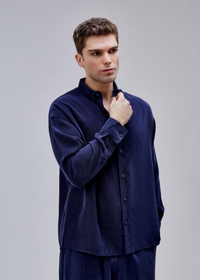 Lacivert Renk Oversize Tensel Gömlek - 4