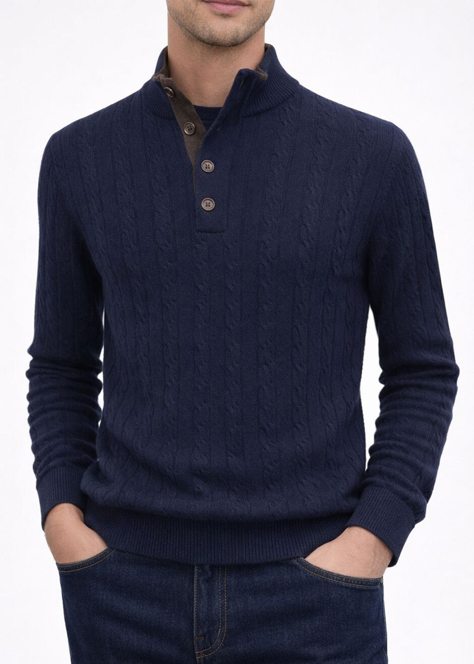 Lacivert Renk Yarım Pat Düğmeli Kaşmir Triko - Boris Becker