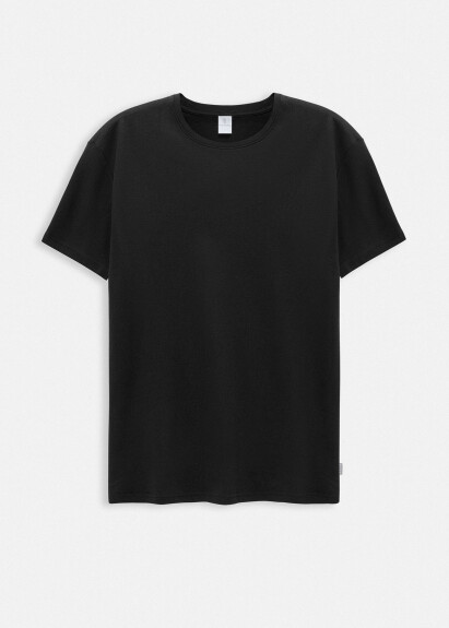 Siyah Renk İpek Apreli Bisiklet Yaka T-shirt 