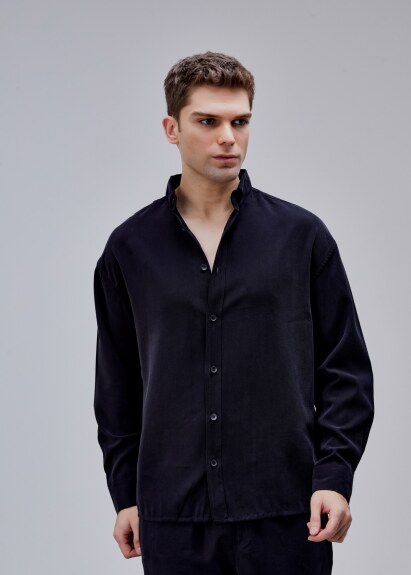 Siyah Renk Oversize Tensel Gömlek 