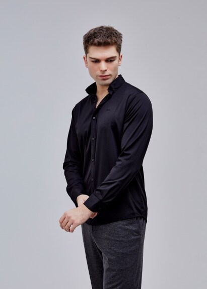 Siyah Renk Uzun Kol Polyester Gömlek - 4